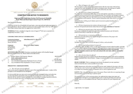 USA Michigan City of Southfield utility water and construction shut off notice, Word and PDF template, 3 pages 1 2